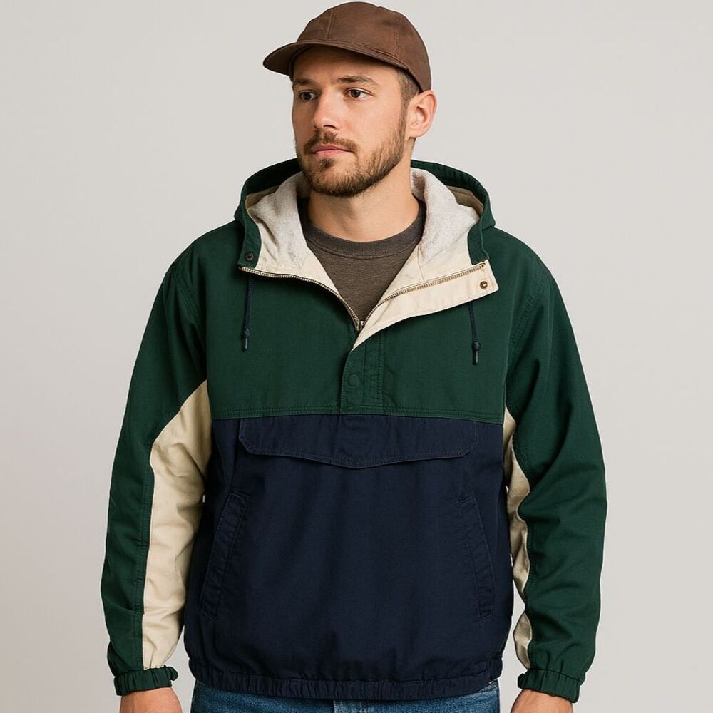 VTG Eddie Bauer Anorak Jacket Mens Sz L 100% Cotton Hoodie 90s Navy Color Block